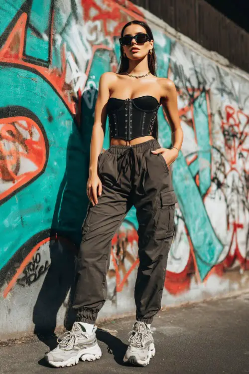 fashionable woman wearing a fitted corset top with cargo pants and chunky sneakers, accessorized with a shoulder bag and sporty sunglasses, edgy Y2K street style outfit with corset
