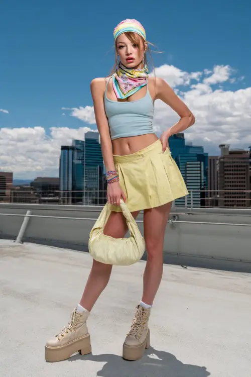 fashionable woman wearing a fitted tank top with a pleated mini skirt and platform sandals, accessorized with a pastel bandana and a baguette bag, playful early 2000s outfit with bandana