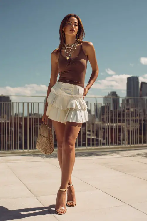 fashionable woman wearing a fitted tank top with a pleated mini skirt and strappy heels, accessorized with layered necklaces and a baguette bag 
