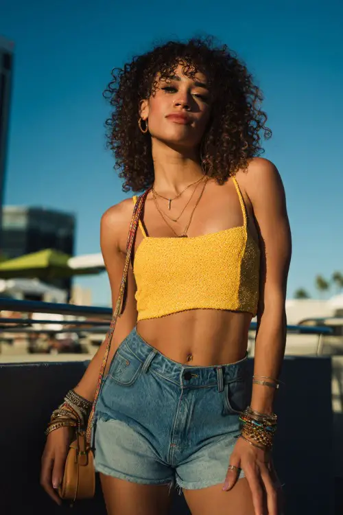 fashionable woman wearing a glittery crop top with low-rise denim shorts and platform sandals, accessorized with layered bracelets and a mini handbag, bold Y2K summer party outfit