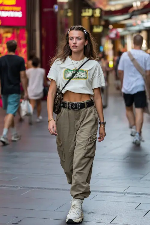 fashionable woman wearing a graphic baby tee tucked into low-rise cargo pants with a statement belt and chunky sneakers, accessorized with a shoulder bag and hair clips