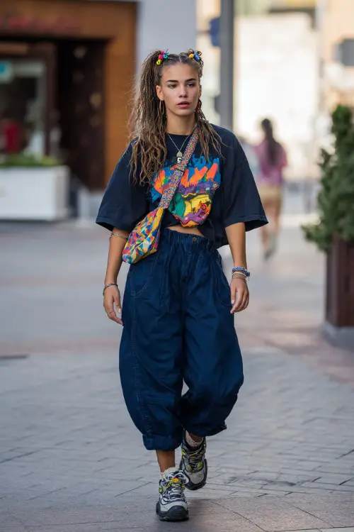 fashionable woman wearing a graphic baby tee tucked slightly into oversized baggy jeans with platform sneakers, accessorized with a colorful shoulder bag and hair clips