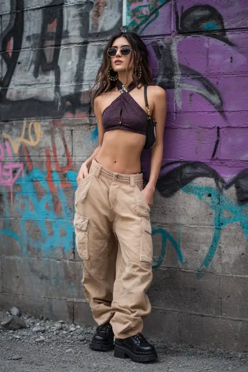fashionable woman wearing a halter crop top with low-rise cargo pants and chunky platform sneakers, accessorized with a baguette bag and hoop earrings 