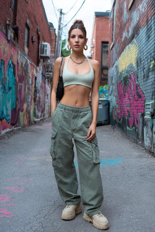 fashionable woman wearing a halter crop top with low-rise cargo pants and chunky platform sneakers, accessorized with a baguette bag and hoop earrings