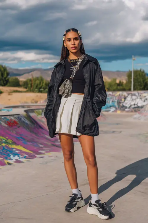 fashionable woman wearing a lightweight windbreaker jacket over a fitted baby tee with a pleated mini skirt and chunky sneakers, accessorized with a baguette bag and hair clips