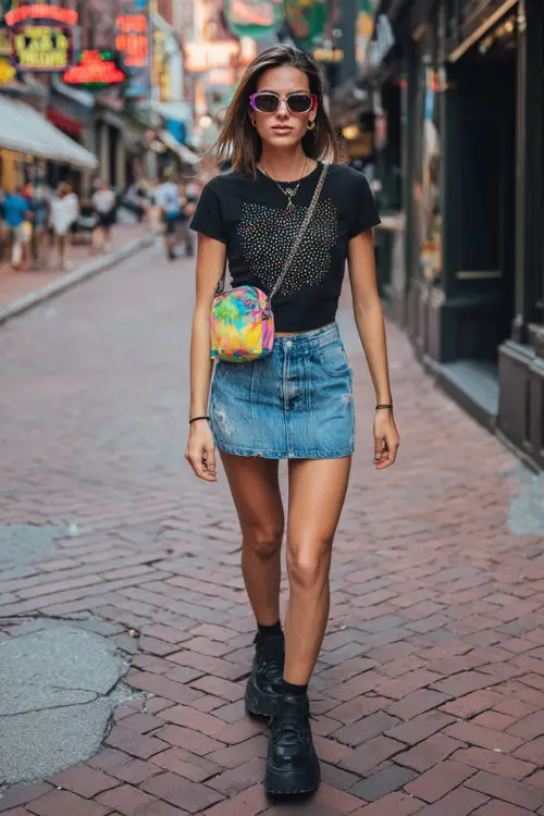fashionable woman wearing a rhinestone baby tee with a low-rise denim mini skirt and chunky platform sneakers, accessorized with a colorful shoulder bag and tinted sunglasses