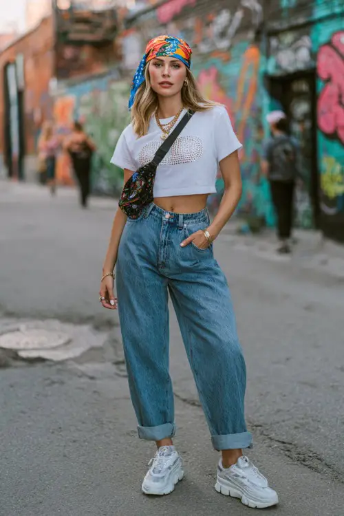fashionable woman wearing a rhinestone baby tee with low-rise baggy jeans and chunky platform sneakers, accessorized with a colorful bandana tied over her head and a shoulder bag