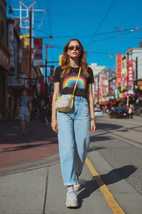 fashionable woman wearing a rhinestone baby tee with low-rise bootcut jeans and chunky platform sneakers, accessorized with a colorful shoulder bag and tinted sunglasses
