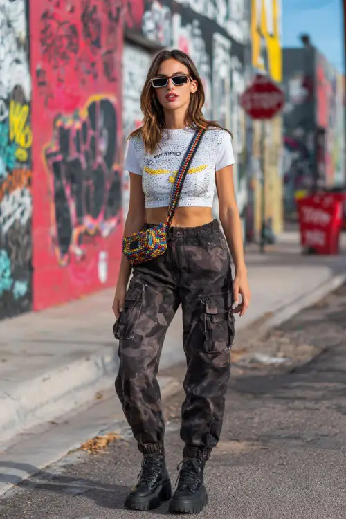 fashionable woman wearing a rhinestone baby tee with low-rise cargo pants and chunky platform sneakers, accessorized with a colorful shoulder bag and tinted sunglasses