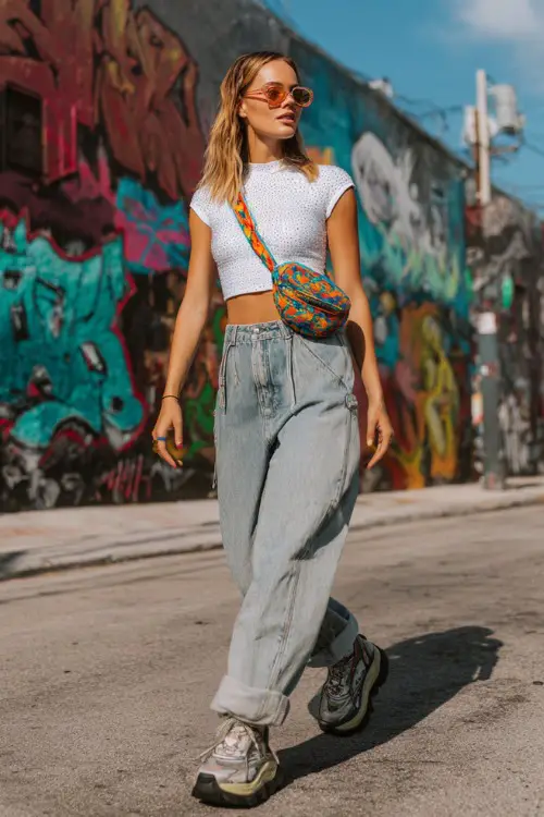fashionable woman wearing a rhinestone baby tee with oversized baggy jeans and chunky platform sneakers, accessorized with a colorful shoulder bag and tinted sunglasses 