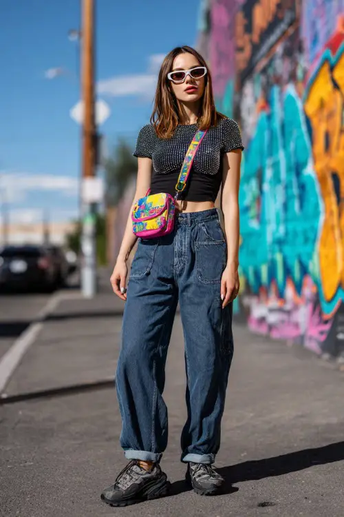 fashionable woman wearing a rhinestone baby tee with oversized baggy jeans and chunky platform sneakers, accessorized with a colorful shoulder bag and tinted sunglasses