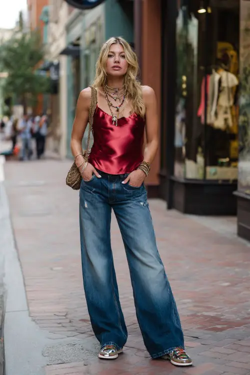 fashionable woman wearing a satin cami top with low-rise flare jeans and retro sneakers, accessorized with layered necklaces and a shoulder bag, chic early 2000s outfit with sneakers