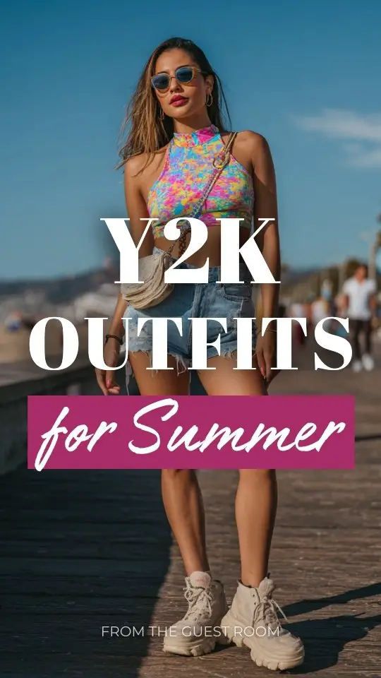 fashionable woman wearing a summer y2k outfit with a colorful halter crop top with low-rise denim shorts and chunky platform sneakers