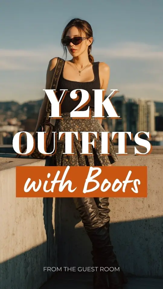 fashionable woman wearing a y2k outfit with boots, a fitted tank top with a pleated mini skirt