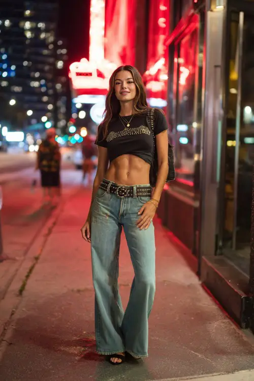 stylish woman wearing a baby tee with rhinestone lettering and low-rise flare jeans with a studded belt and platform sandals, Y2K party aesthetic 