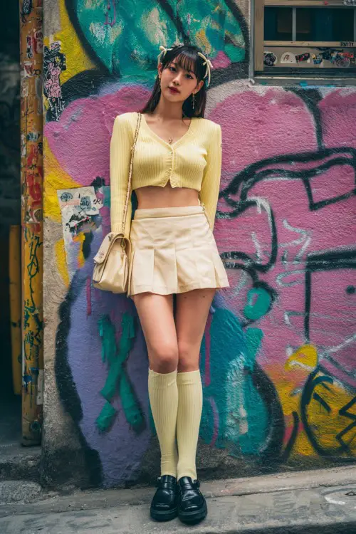stylish woman wearing a cropped cardigan with a pleated mini skirt and knee-high socks with platform loafers, accessorized with a small handbag and hair clips