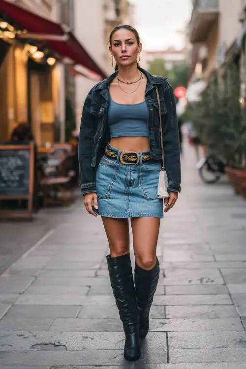 stylish woman wearing a cropped denim jacket over a fitted tank top with a denim mini skirt and a wide statement belt, paired with knee-high boots and a mini handbag 