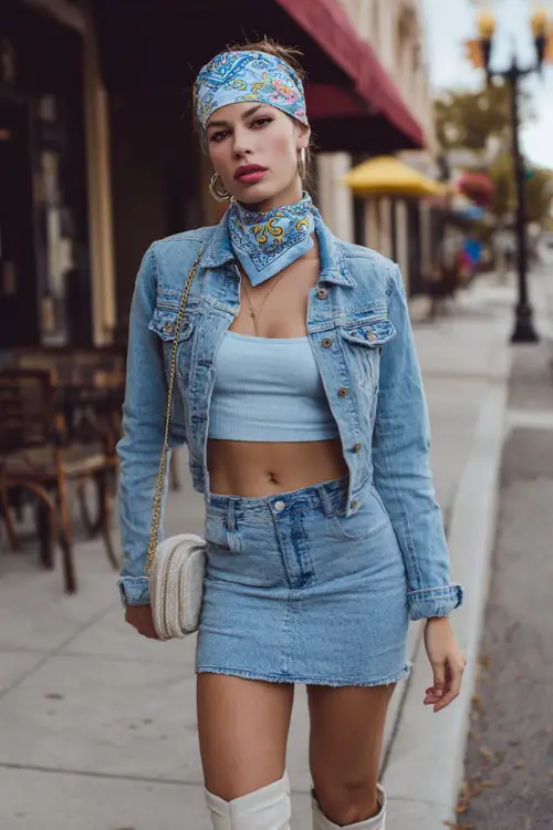 stylish woman wearing a cropped denim jacket over a fitted tank top with a denim mini skirt and knee-high boots, accessorized with a printed bandana headscarf and a mini handbag