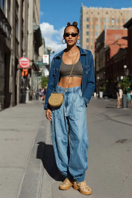 stylish woman wearing a cropped denim jacket over a fitted tank top with low-rise baggy jeans and platform sandals, accessorized with hoop earrings and a mini handbag