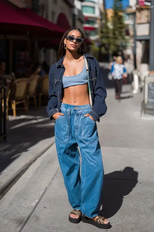 stylish woman wearing a cropped denim jacket over a fitted tank top with low-rise baggy jeans and platform sandals, accessorized with hoop earrings and a mini handbag