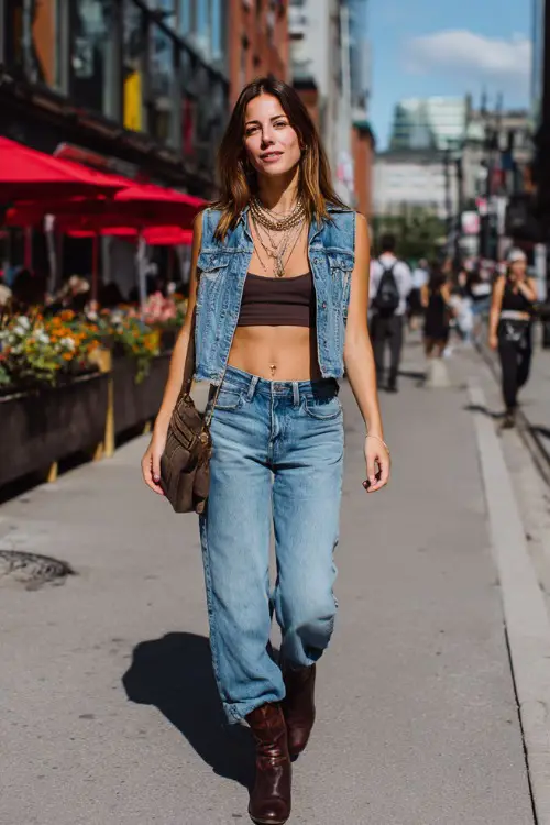 stylish woman wearing a cropped denim jacket over a fitted tank top with low-rise bootcut jeans and heeled boots, accessorized with a mini shoulder bag and layered necklaces 