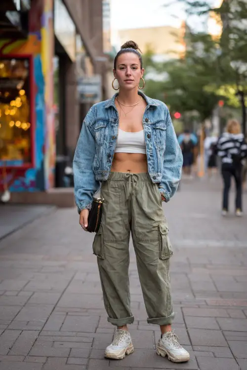 stylish woman wearing a cropped denim jacket over a fitted tank top with low-rise cargo pants and platform sneakers, accessorized with hoop earrings and a mini handbag 