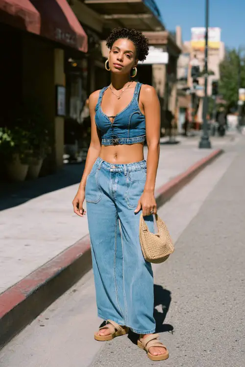stylish woman wearing a cropped denim jacket over a fitted tank top with low-rise wide-leg jeans and platform sandals, accessorized with hoop earrings and a mini handbag 
