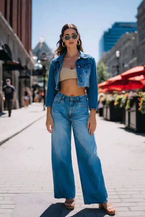stylish woman wearing a cropped denim jacket over a fitted tank top with low-rise wide-leg jeans and platform sandals, accessorized with hoop earrings and a mini handbag