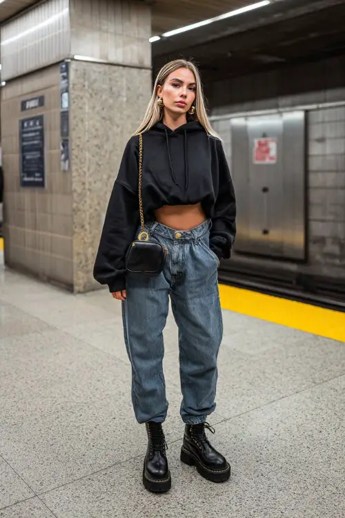 stylish woman wearing a cropped hoodie with baggy jeans and chunky platform boots, accessorized with hoop earrings and a mini handbag, casual Y2K streetwear outfit with boots 