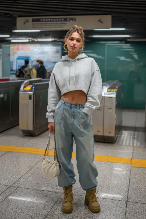 stylish woman wearing a cropped hoodie with baggy jeans and chunky platform boots, accessorized with hoop earrings and a mini handbag, casual Y2K streetwear outfit with boots