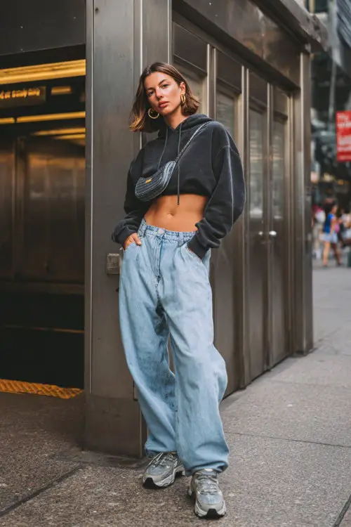 stylish woman wearing a cropped hoodie with extra-wide baggy jeans and chunky sneakers, accessorized with hoop earrings and a mini handbag, sporty Y2K streetwear outfit with baggy jeans 
