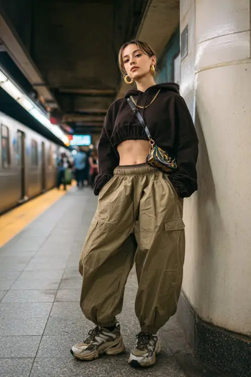 stylish woman wearing a cropped hoodie with low-rise parachute pants and chunky sneakers, accessorized with hoop earrings and a small handbag, sporty Y2K outfit with pants