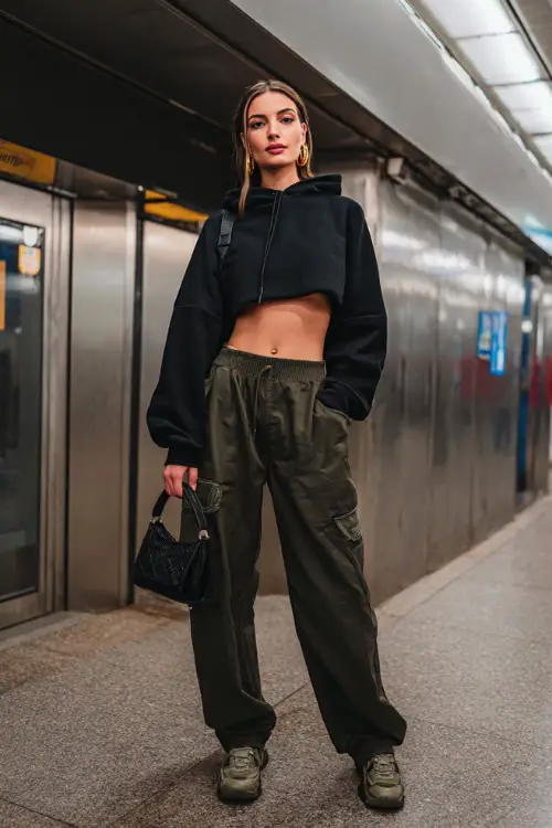 stylish woman wearing a cropped hoodie with wide-leg cargo pants and chunky sneakers, accessorized with hoop earrings and a mini handbag, sporty Y2K streetwear outfit with cargo pants