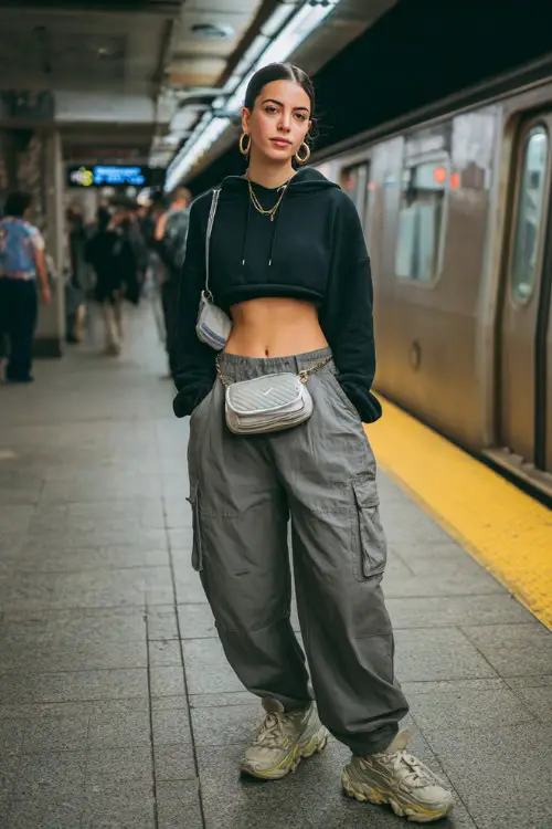 stylish woman wearing a cropped hoodie with wide-leg cargo pants and chunky sneakers, accessorized with hoop earrings and a mini handbag, sporty Y2K streetwear outfit with cargo pants