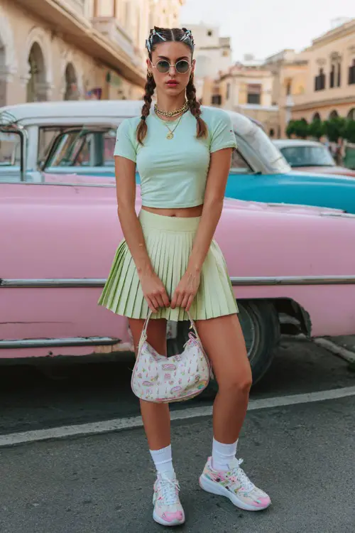 stylish woman wearing a fitted baby tee with a pleated mini skirt and retro sneakers, accessorized with a baguette bag and hair clips, feminine Y2K outfit with sneakers