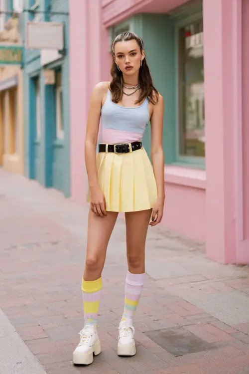 stylish woman wearing a fitted tank top with a pleated mini skirt and a wide belt, paired with platform loafers and knee-high socks, accessorized with a mini handbag 