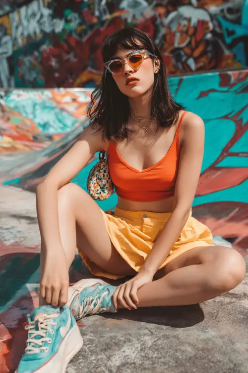stylish woman wearing a fitted tank top with a pleated tennis skirt and platform sneakers, accessorized with tinted sunglasses and a shoulder bag, sporty Y2K outfit with skirt