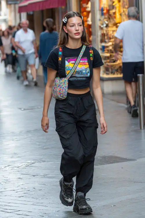 stylish woman wearing a graphic baby tee with low-rise straight-leg pants and chunky platform sneakers, accessorized with a colorful shoulder bag and hair clips