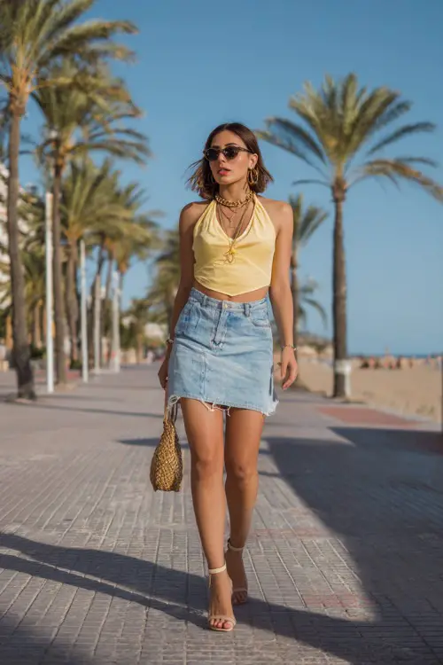 stylish woman wearing a halter top with a low-rise denim skirt and strappy heels, accessorized with a baguette bag and layered necklaces, chic Y2K summer outfit with skirt