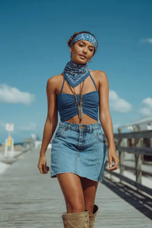 stylish woman wearing a halter top with a low-rise denim skirt and tall boots, accessorized with a patterned bandana and layered necklaces, chic Y2K summer outfit with bandana