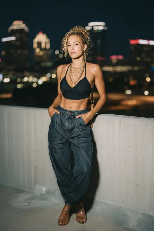 stylish woman wearing a halter top with low-rise baggy jeans and strappy heels, accessorized with layered necklaces and a baguette bag, chic Y2K evening outfit with baggy jeans 