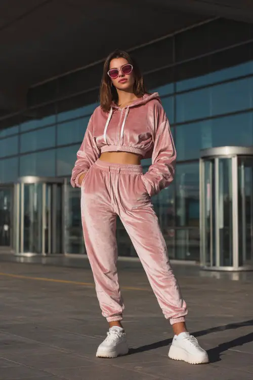 stylish woman wearing a pink velour tracksuit with a cropped hoodie and matching joggers, platform sneakers and tinted sunglasses, classic Y2K aesthetic fashion