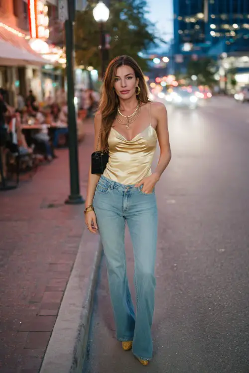 stylish woman wearing a satin cami top with low-rise flare jeans and pointed-toe heels, accessorized with layered necklaces and a baguette bag, early 2000s fashion outfit with heels