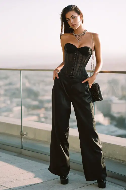 stylish woman wearing a satin corset layered over a sheer top with low-rise wide-leg pants and platform heels, accessorized with layered necklaces and a baguette bag