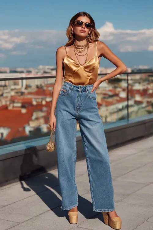 stylish woman wearing a shiny satin cami top with wide-leg low-rise jeans and platform sandals, accessorized with layered necklaces and a mini handbag