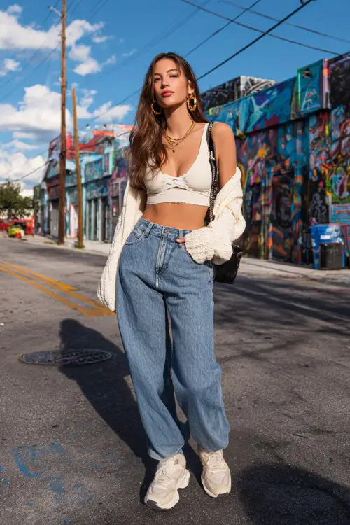 trendy woman wearing a cropped cardigan over a fitted tank top with baggy jeans and chunky sneakers, accessorized with hoop earrings and a mini handbag, relaxed Y2K outfit with sneakers