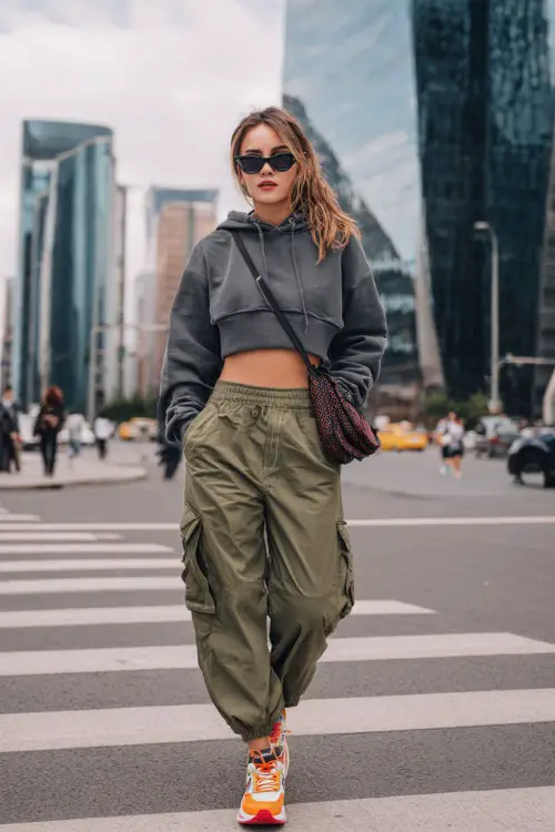 trendy woman wearing a cropped hoodie with low-rise cargo pants and platform sneakers, accessorized with a mini shoulder bag and sporty sunglasses, Y2K streetwear outfit with sneakers