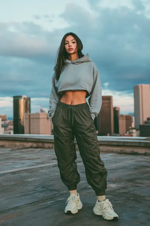 trendy woman wearing a cropped hoodie with low-rise parachute pants and chunky sneakers, early 2000s aesthetic streetwear outfit