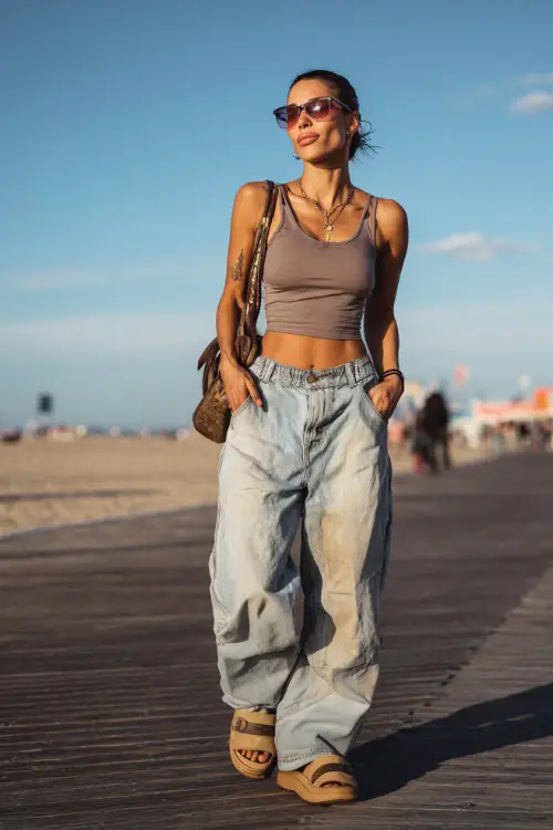 trendy woman wearing a fitted tank top with low-rise baggy jeans and platform sandals, accessorized with tinted sunglasses and a shoulder bag, relaxed early 2000s outfit with baggy jeans 