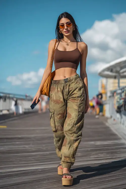 trendy woman wearing a fitted tank top with low-rise cargo pants and platform sandals, accessorized with tinted sunglasses and a shoulder bag, relaxed early 2000s outfit with cargo pants 